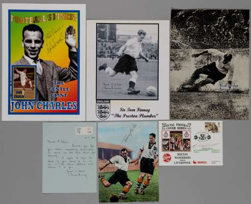 Football Greats of the game: autographed items comprising John Charles, Tommy Lawton, Nat Lofthouse and three for Tom Finney,
 including a letter rega