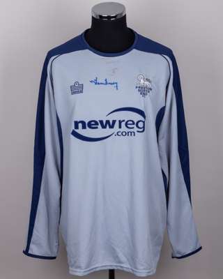 Grey and blue Preston North End goalkeepers shirt autographed by Tom Finney