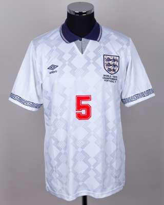 White and blue No.5 England Youth short-sleeved shirt, 1991