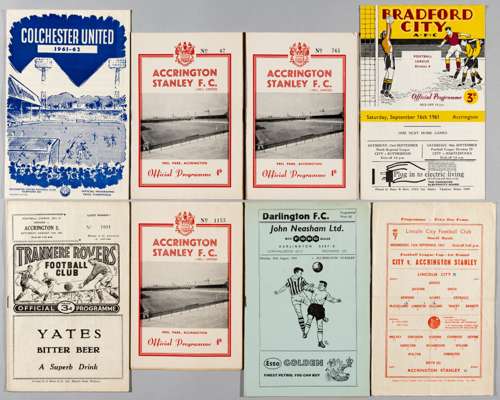 36 Accrington Stanley League home and away programmes from their last season 1961-62 during which they folded before the end of the campaign,
 held in