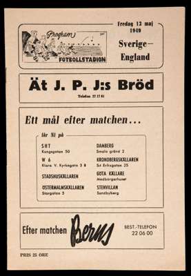 Sweden v England international programme played at the Rasunda Stadium, Solna, 13th May 1949, good condition