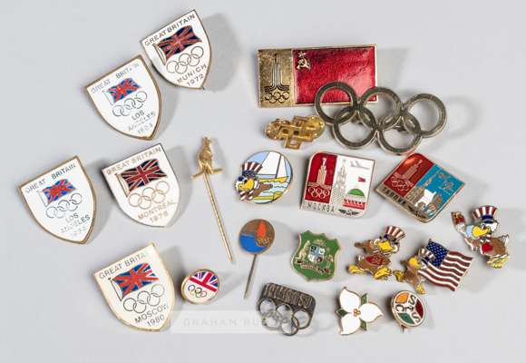 Great Britain team badges for the Munich 1972, Montreal 1976, Moscow 1980 and Los Angeles 1984 Olympic Games,
 the 1972 Munich white enamelled lapel b