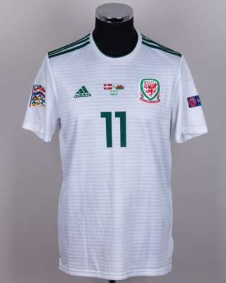 Gareth Bale white and green No.11 Wales v. Denmark short-sleeved shirt, 2018