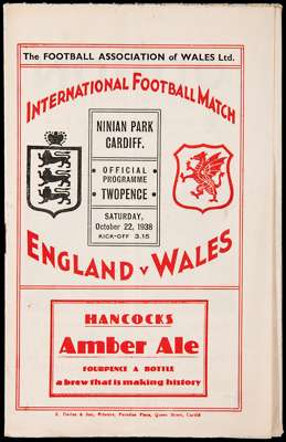 Wales v England international football programme played at Ninian Park, Cardiff, 22nd October 1938