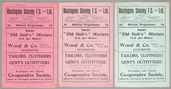 Three Accrington Stanley home programmes season 1923-24,
 F.L. Division Three North fixtures v Bradford P.A. and Rotherham County, and Wrexham F.A. Cu