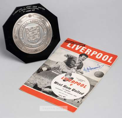 Alf Arrowsmith's Football Association Charity Shield plaque for Liverpool v West Ham United, played at Anfield, 15th August 1964,
 the silver roundel 