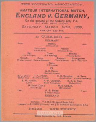 Very rare England v Germany Amateur international programme played at Oxford City FC,13th March 1909,
 rare single-sheet, very good condition