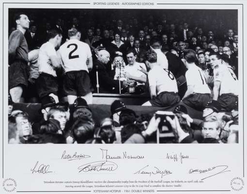 Sporting Legends Tottenham Hotspur 1961 Double Winners signed b & w photographic print,
 featuring the captain Danny Blanchflower receiving the FA Cup
