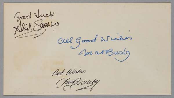 Matt Busby, Tommy Docherty & David Sadler, Manchester United, original signed card,
 size 6 1/4 by 3 1/2in., each signed and inscribed in ink, very go
