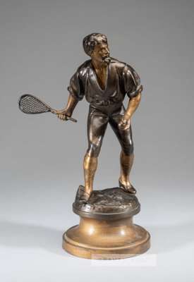 French spelter figure of a real tennis player by Adolphe Jean Lavergne (1863-1928),
 with bronze and gilt-bronze patina, signed, 33 by 20cm.