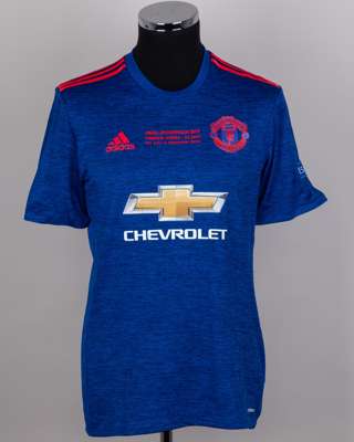 Phil Jones blue No.4 Manchester United v. Ajax Europa League Final short-sleeved shirt, 2017