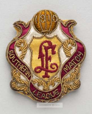Football League representative badge v Southern League, played at Stamford Bridge, 11th April 1910, bearing a name stamp for the important early footb