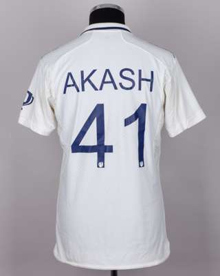 Akash Deep white and navy No.41 India v. England match worn, autographed Red For Ruth shirt