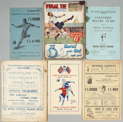 Selection of football programmes, 1930s onwards,
 includes England XI v Anglo Scots at Arsenal 8th March 1935, vertical fold, ink annotations; FA Cup 