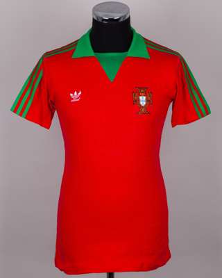 Portugal - rare red and green No.5 Portugal v. USSR match worn short-sleeved shirt, 1983