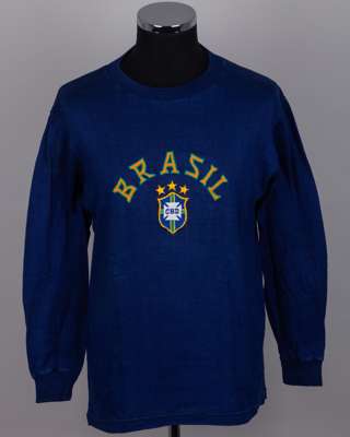 Emerson Leao blue No.1 Brazil v. Shamrock Rovers XI match worn goalkeepers shirt, 1973