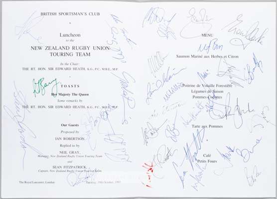 RUGBY UNION - NEW ZEALAND TO U.K 1993 RUGBY UNION AUTOGRAPHED SPORTSMAN’S CLUB MENU 

The 1993 New Zealand rugby union tour of Britain was a series of