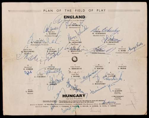 Autographed England v Hungary programme 25th November 1953, the centre line-ups pages fully-signed by the England and Hungary 'Mighty Magyars' teams, 