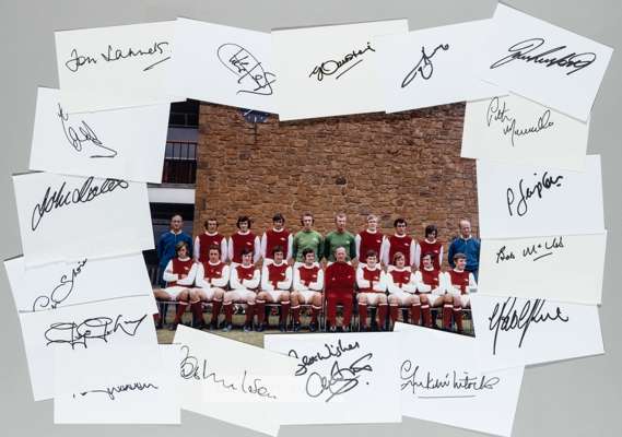 Arsenal double-winners 1970-71 team photograph with individually signed cards,
 signed in black marker pen by all 17 players, (18)