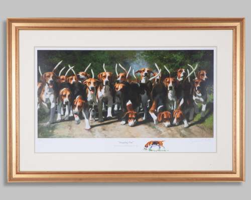 Desmond Snee (Irish, 1957-2005) limited edition print of foxhounds titled ‘Stepping Out’