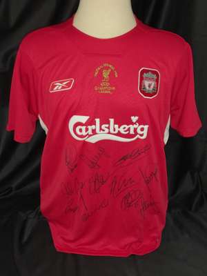 Liverpool 2005 Champions League Winners signed jersey v AC Milan, played on 25th May 2005 at the Ataturk Olympic Stadium in Istanbul, Turkey,
 Liverpo