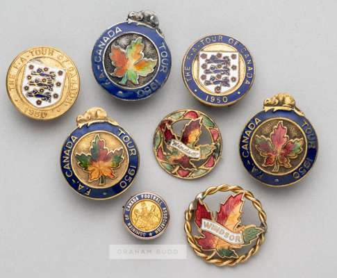 Group of eight badges awarded to the F.A. official H. H. Hughes and relating to the Tour of Canada in 1950,
 two issued by the Football Association fo