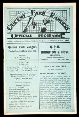 Queen's Park Rangers reserves v Brighton & Hove Albion reserves programme 26th October 1929, very light horizontal fold with very slight staple rust a