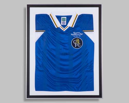 Three Chelsea FC player signed blue home replica jerseys