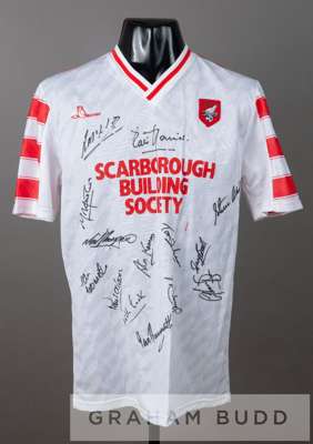 Alan Kamara team signed white and red Scarborough no.2 away jersey, season 1988-89,
 by Beaver, short-sleeved with embroidered club crest and sponsor 