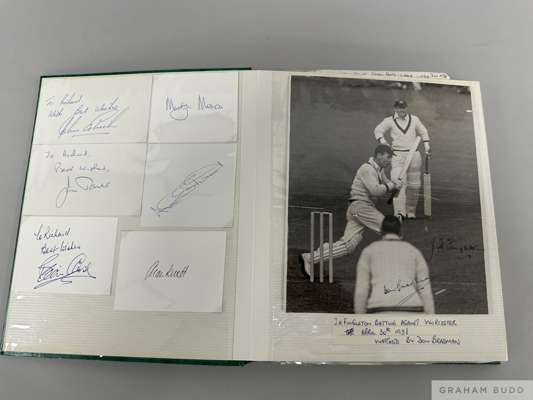 An album of autographed cricket cards
 including Len Hutton, Denis Compton, Jim Laker, Graham Gooch, Mike Gatting, Harold Larwood etc, team autograph 