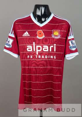 Morgan Amalfitano claret and blue West Ham United no.21 Poppy home jersey v Aston Villa at Upton Park, 8th November 2014,
 short-sleeved with BARCLAYS