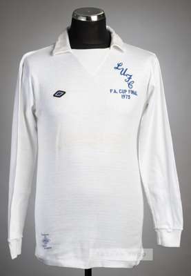 A trainer's unnumbered spare white Leeds United jersey for the 1973 FA Cup final,
 Umbro, long-sleeved embroidered LUFC CUP FINAL 1973 and UMBRO logo,