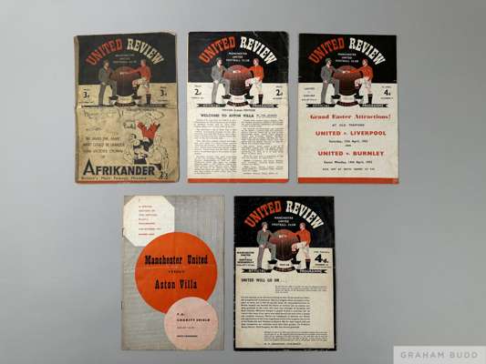Five Manchester United match programmes, 1946-47 to 1957-58
 comprising Preston, 5th October 1946, cover poor and folded, text on cover, spine taped, 