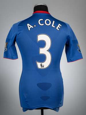 Ashley Cole blue Chelsea no.3 home jersey, season 2010-11,
 Adidas, player issued short-sleeved with BARCLAYS PREMIER LEAGUE 09/10 CHAMPIONS sleeve ba