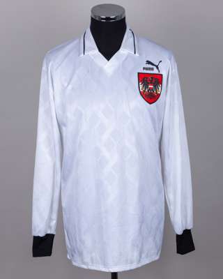 White and black No.16 Austria v. Wales long-sleeved shirt, 1992