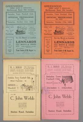 Four Swindon Town home programmes,

F.L. Division Three (South) fixtures v Crystal Palace 17th October 1925, Southend United 31st October 1925, Alders
