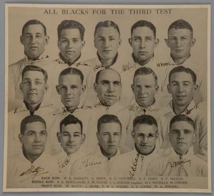 New Zealand All Blacks 1930 3rd test v British Lions superb autographed original black and white/sepia composite photograph,
 size 11 ¼” x 10 ¼” unkno
