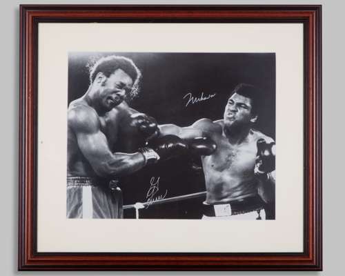 Muhammad Ali/ George Forman - an autographed black and white photograph