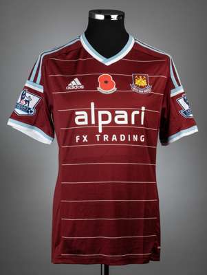 Cheikhou Kouyate claret & blue West Ham United Poppy no.8 jersey v Aston Villa, played at Upton Park, on 8th November 2014,
 match-issue, Adidas, shor