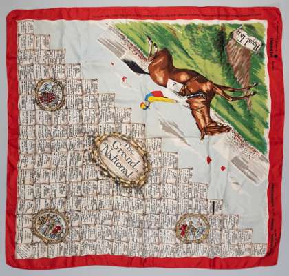 A ladies silk scarf commemorating the victory of Mr Griffin's Royal Tan in the 1954 Grand National,
 featuring pictorial image of the horse and jockey