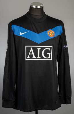 Dimitar Berbatov black and blue Manchester United no.9 away jersey, season 2009-10,
 Nike, long-sleeved with UEFA STARBALL and RESPECT sleeve badges, 