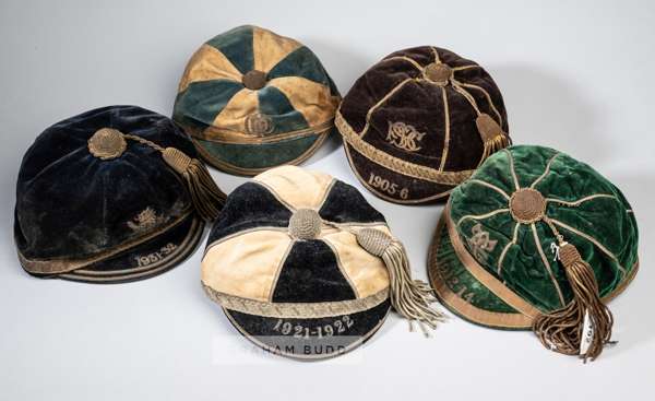 Five sporting representative caps dating between 1905-06 and 1931-32 
 comprising brown velvet cap 1905-06, with gilt tassel and braiding, embroidered