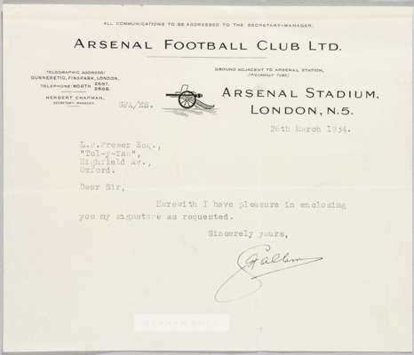 FOOTBALL - ARSENAL FC GEORGE ALLISON 1934 AUTOGRAPH LETTER ON ARSENAL EMBOSSED LETTERHEAD 

  George Frederick Allison (24 October 1883 – 13 March 195