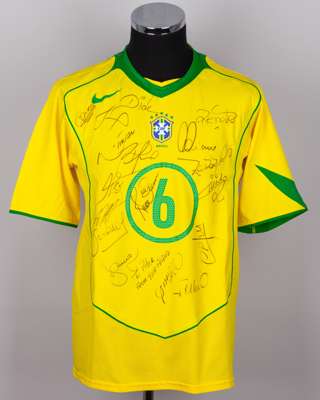 Gilberto Silva yellow and green No.6 Brazil squad signed shirt