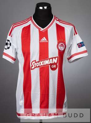 Praxitelis Vouros red and white stripped Olympiakos no.29 jersey v Arsenal in the UEFA Champions League Group F, at Georgios Karaiskakis Stadium, 9th 