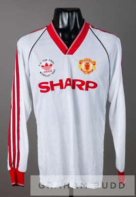 White Manchester United no.15 substitute's jersey from the 1990 F.A. Cup Final,
 by Adidas, long-sleeved unused substitute's issue, embroidered club c