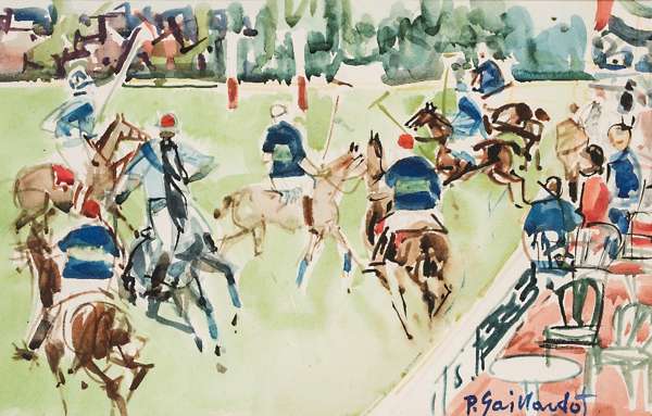 Pierre Gaillardot (French, 1910-2002) POLO MATCH AT DEAUVILLE Signed lower right, watercolour on paper, 29 by 46cm., label of Axel Thorpe Gallery, Hou