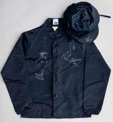 Mrs John Magnier racing silks signed by Aidan O'Brien, Ryan Moore, Joseph O'Brien and John Magnier,
 bearing Harley Racing neck label, dark blue plain