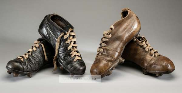 Two pairs of vintage leather football boots,
 the first pair circa 1920 in brown leather, the other pair circa 1940 in black leather, both with nailed