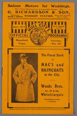 Hull City v Mansfield Town programme 4th March 1933,
 F.L. Division Three (North) 

F.L. Division Two fixture v

F.L. Division Two fixture v